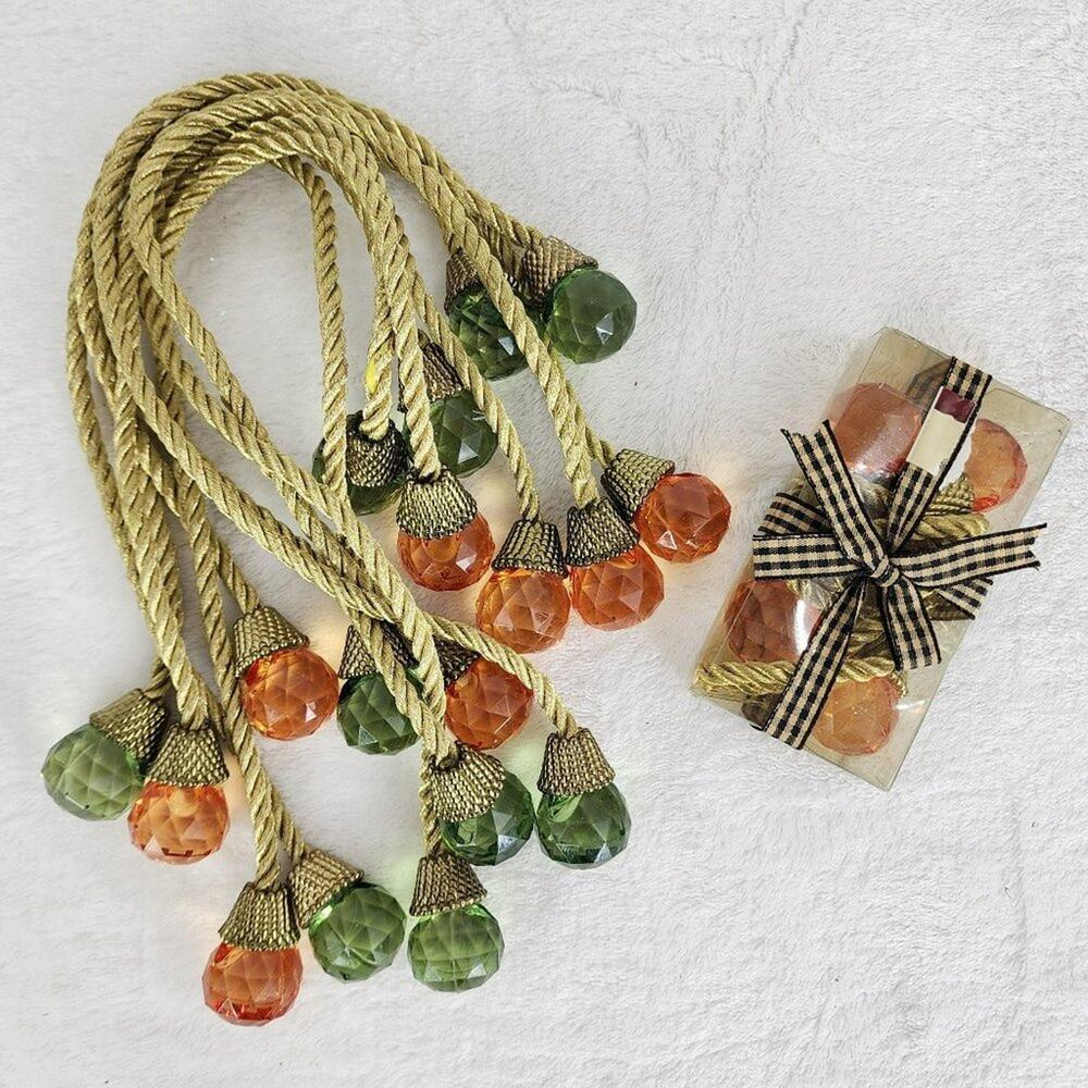 10 Napkin Ring Ties Satin Rope Jeweled Green and orange 1" Faceted on Ends